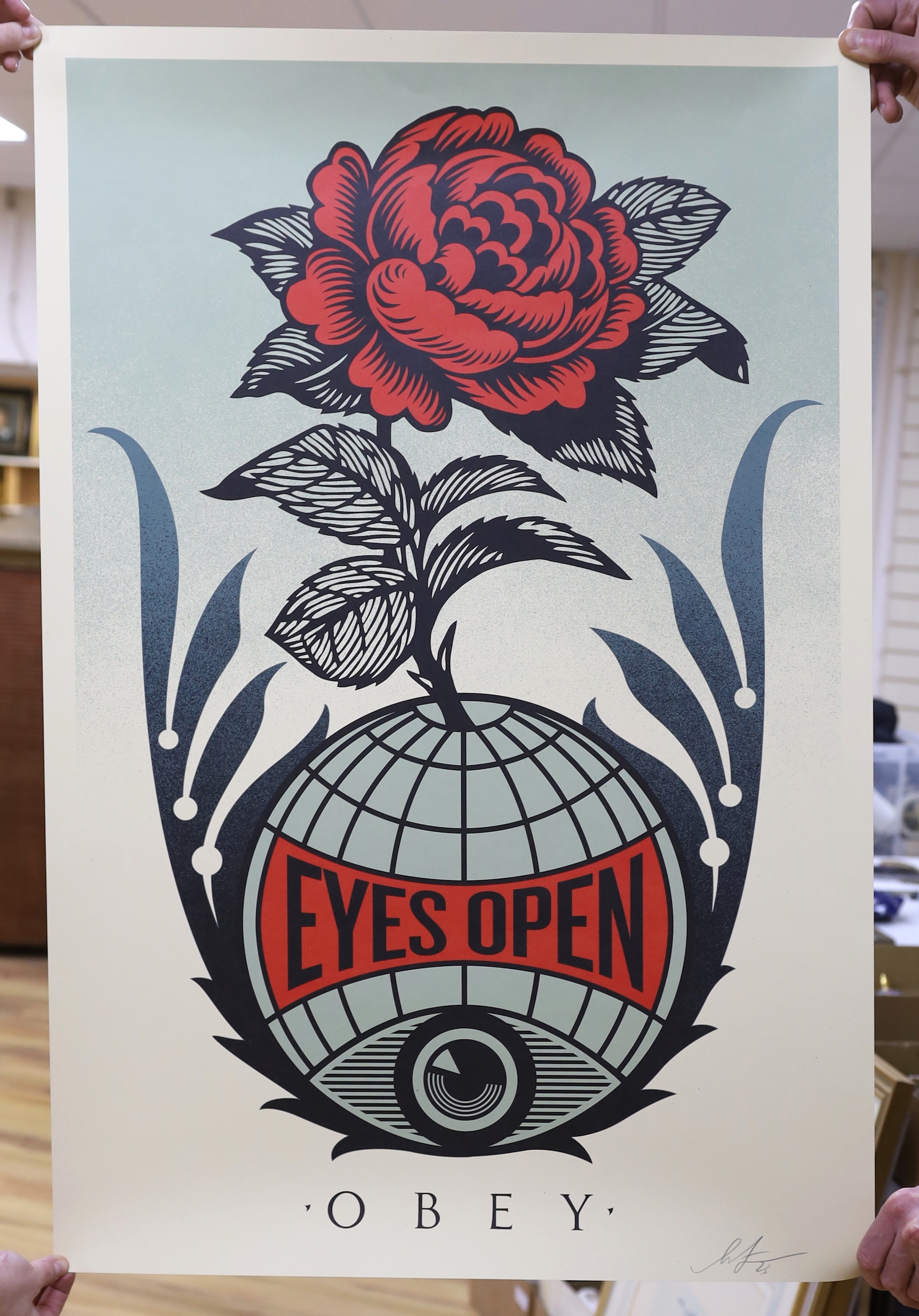 Shepard Fairey (American, b.1970-), lithograph poster, 'Eyes Open, Obey', signed in pencil, 91 x 61cm, unframed